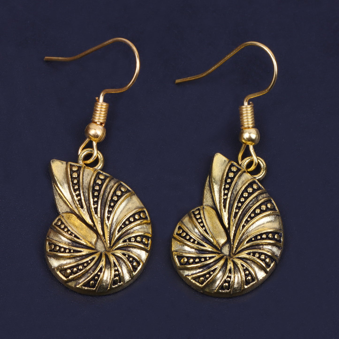 Nautilus Shell Shaped Golden Polished Oxidised Danglers