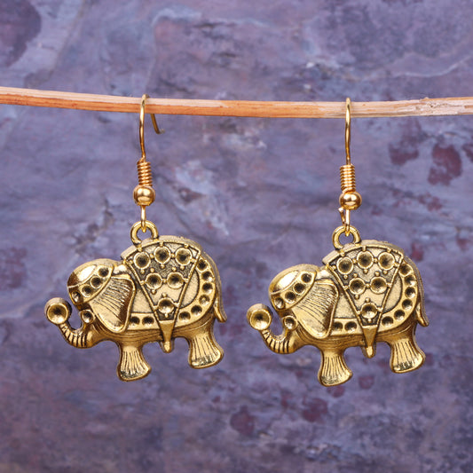 Fancy Elephant Shaped Golden Polished Oxidised Danglers