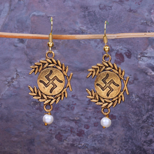 Swastik Shaped Golden Polished Oxidised Danglers