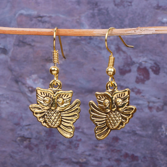 Owl Shaped Golden Polished Oxidised Danglers