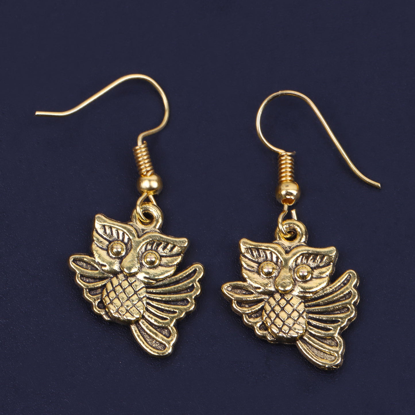 Owl Shaped Golden Polished Oxidised Danglers