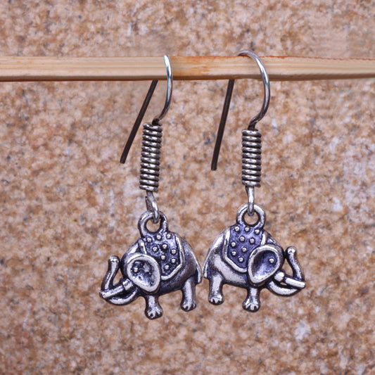 Tiny Elephant Shaped Silver Polished Oxidised Danglers