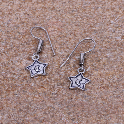 Star Shaped Silver Polished Oxidised Danglers