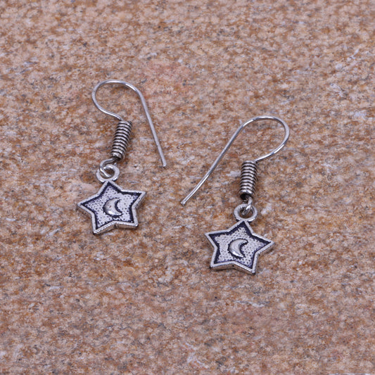 Star Shaped Silver Polished Oxidised Danglers