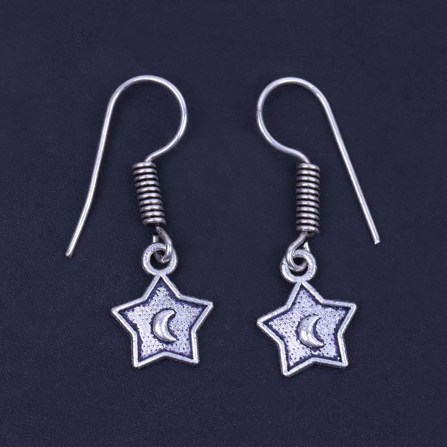 Star Shaped Silver Polished Oxidised Danglers