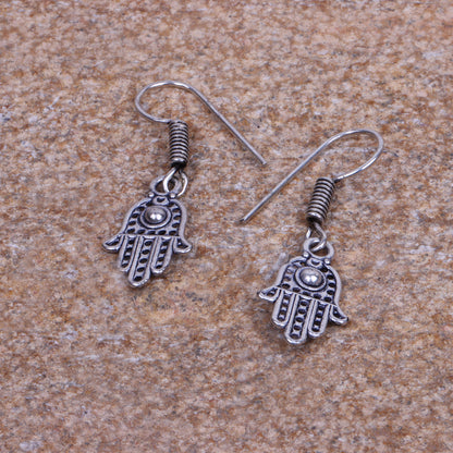 Hamsa Hand Shaped Silver Polished Oxidised Danglers