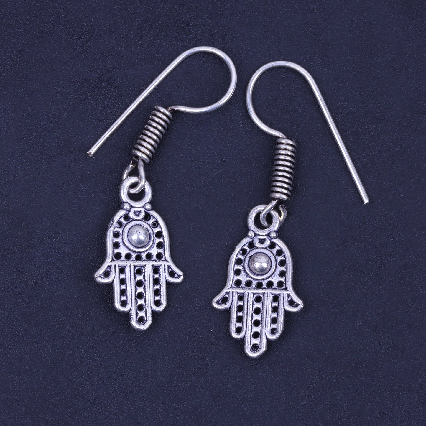 Hamsa Hand Shaped Silver Polished Oxidised Danglers