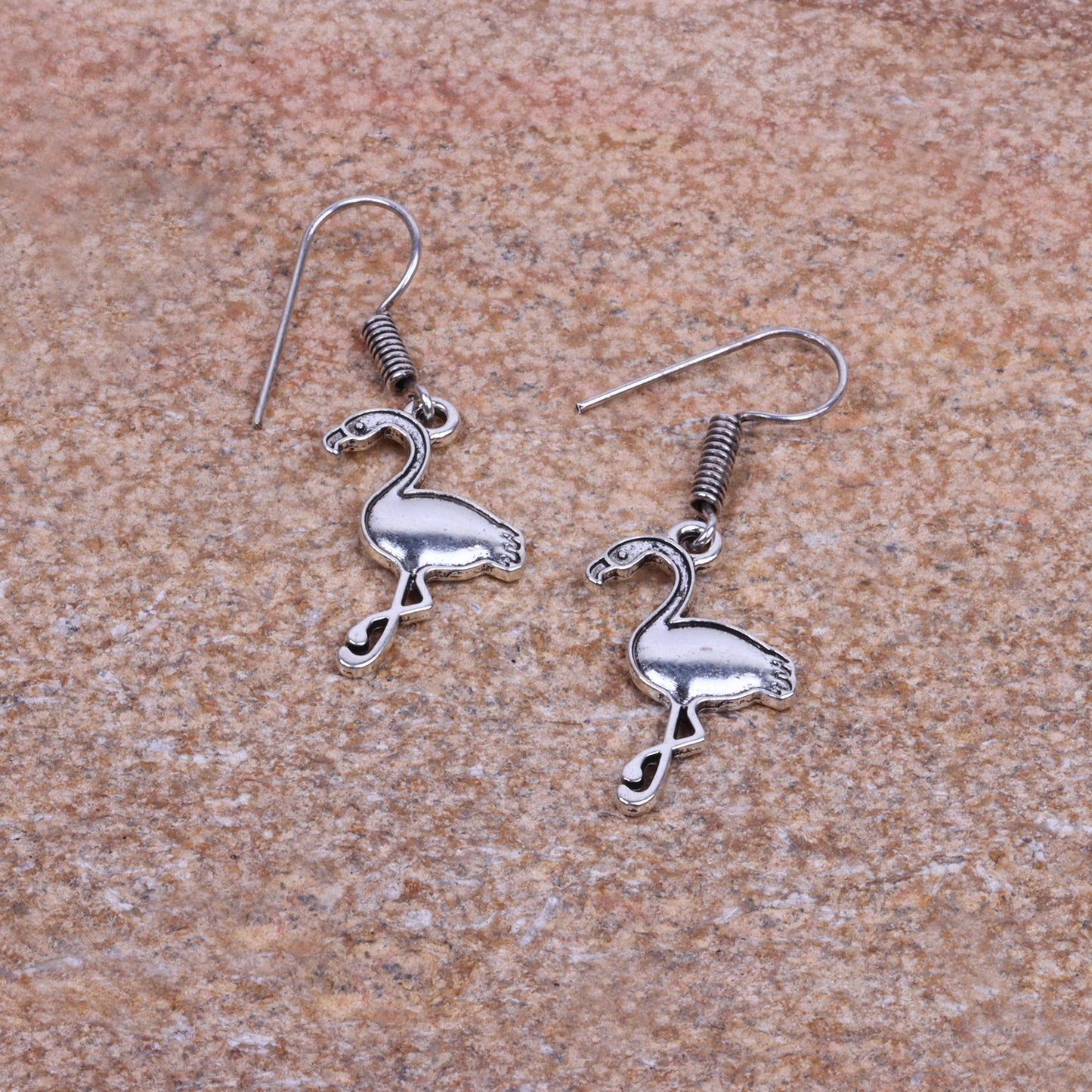 Flamingo Shaped Silver Polished Oxidised Danglers