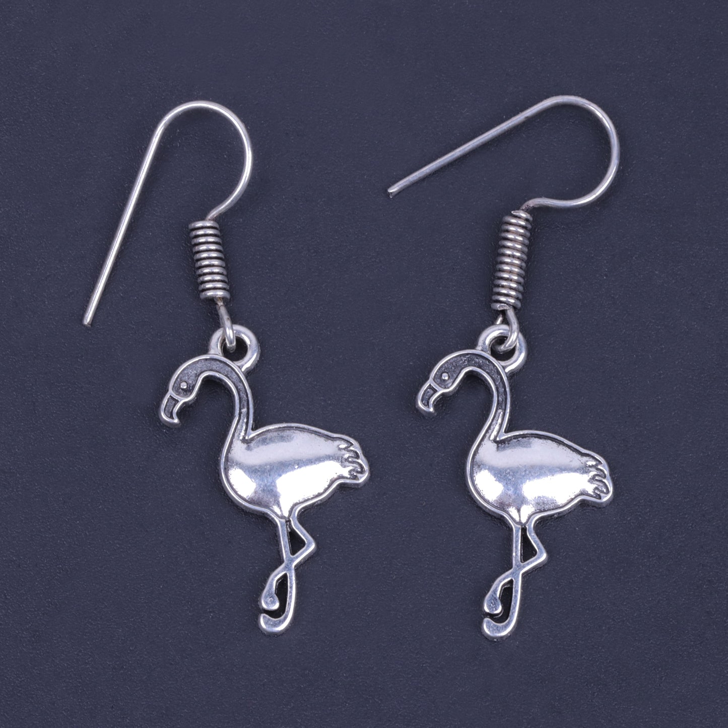 Flamingo Shaped Silver Polished Oxidised Danglers