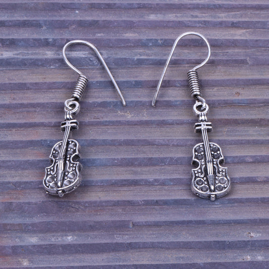 Violin Shaped Silver Polished Oxidised Danglers