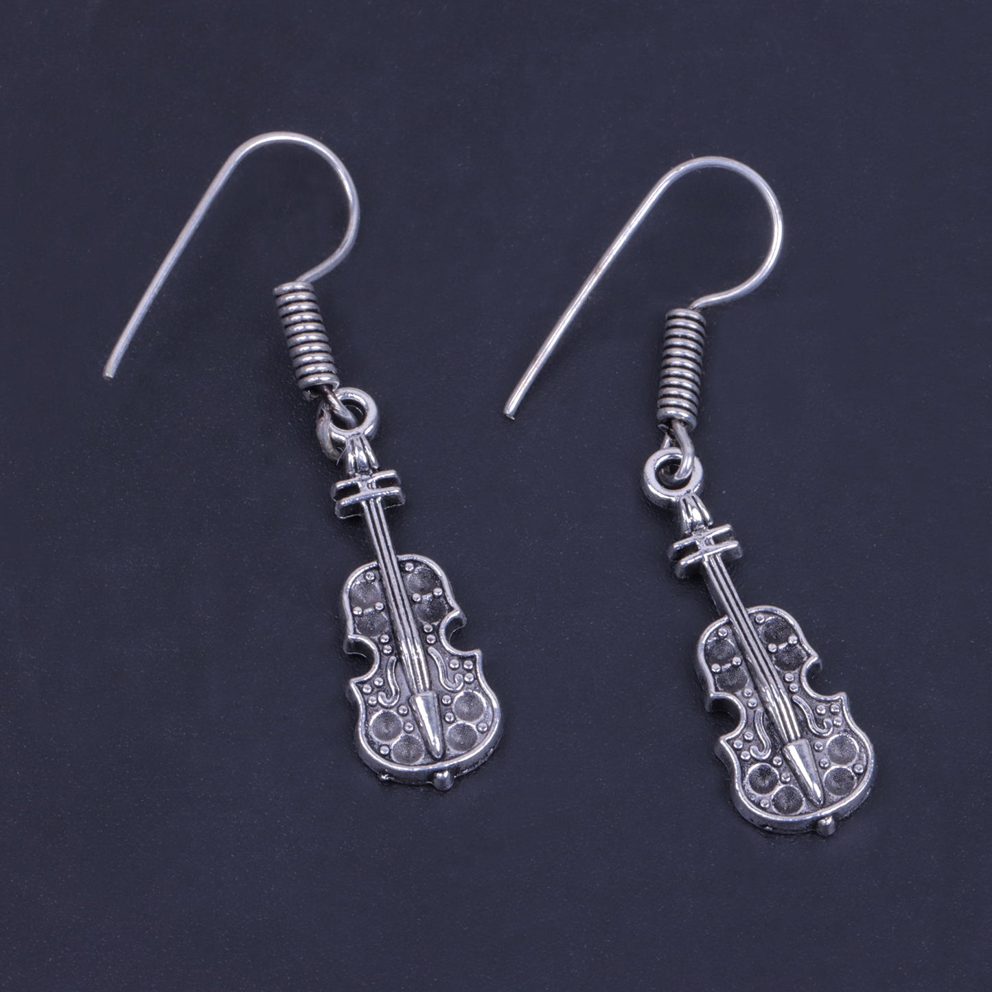 Violin Shaped Silver Polished Oxidised Danglers