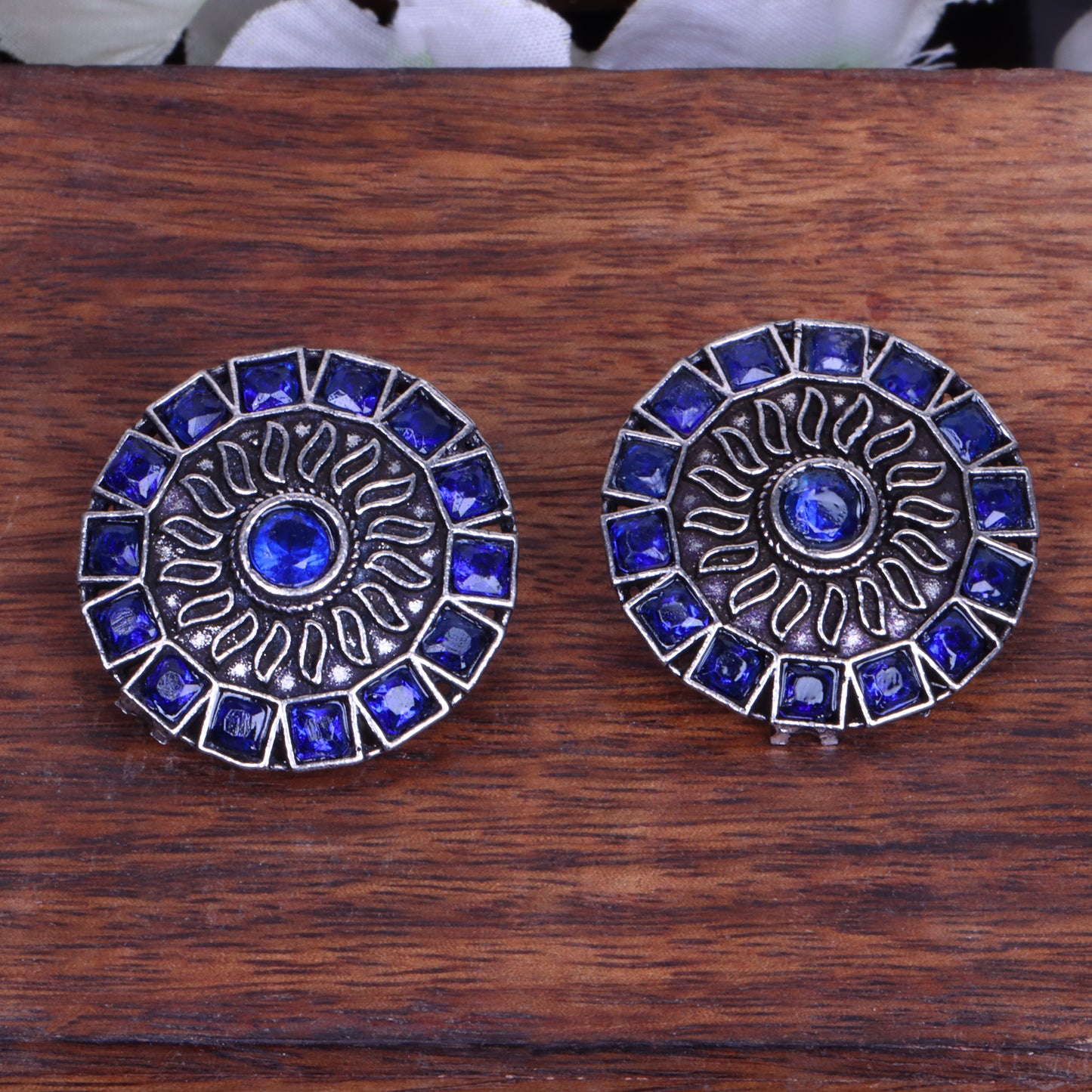 Blue Stone Studded Beautiful Oxidised Stud Earrings