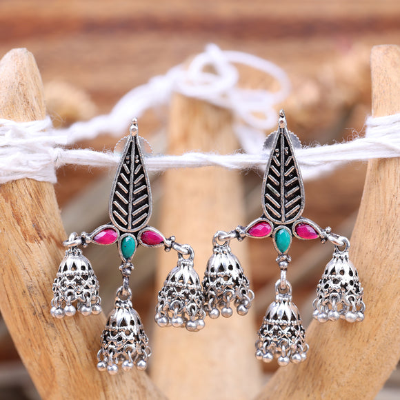Multicolored Stone Studded Beautiful Triangular Oxidised Earrings With Hanging Jhumkis