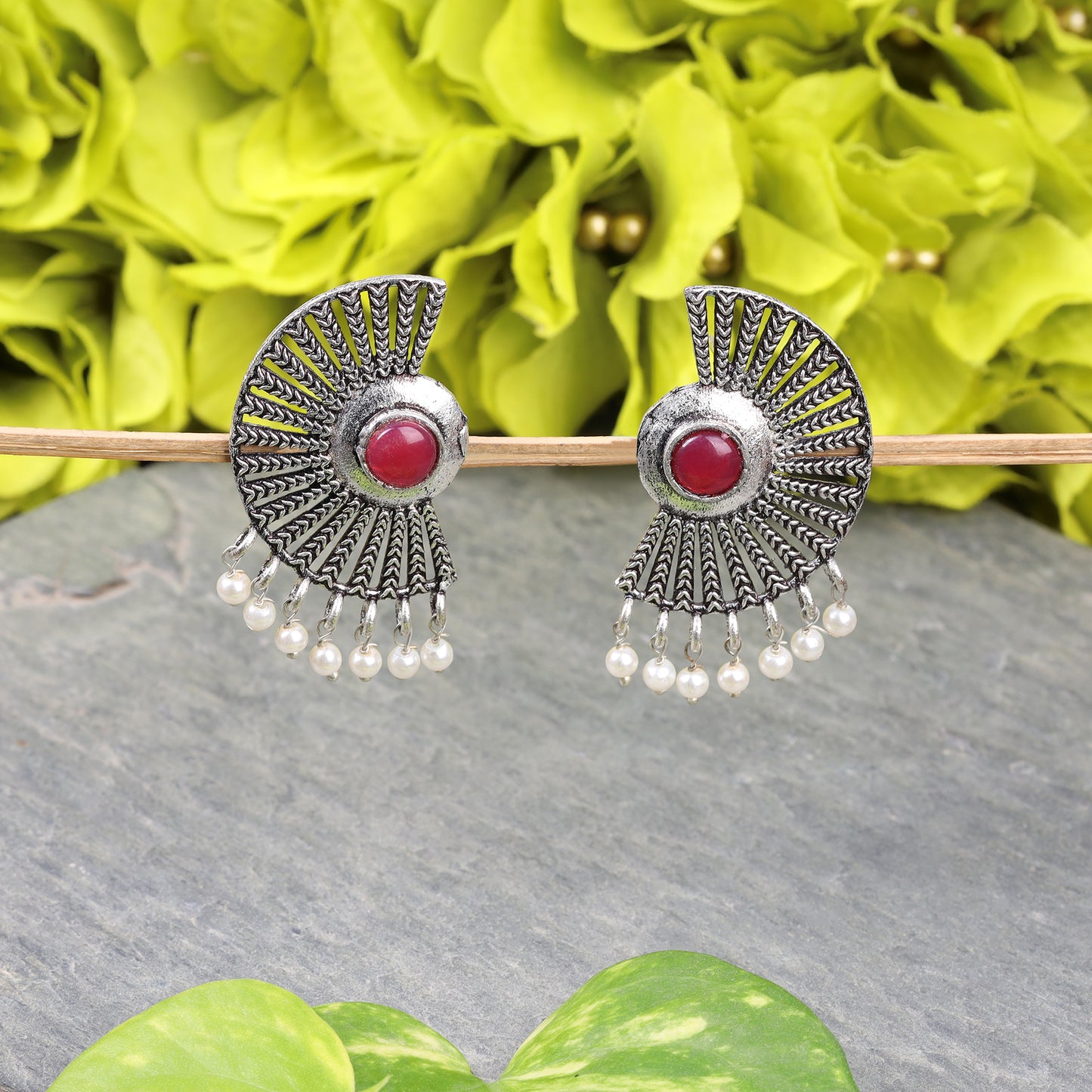 Red Stone Studded Oxidised Earrings With Hanging Pearls