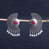 Red Stone Studded Oxidised Earrings With Hanging Pearls