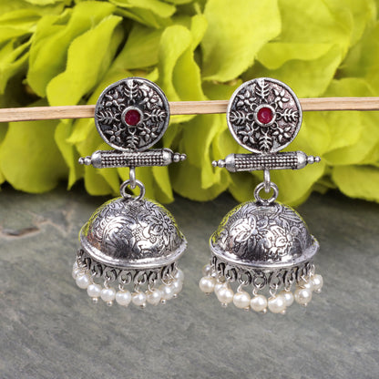 Red Stone Studded Oxidised Earrings With Hanging Pearls