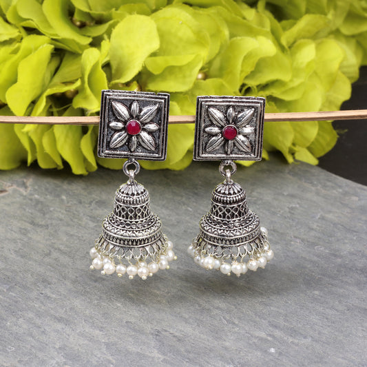 Red Stone Studded Oxidised Earrings With Hanging Pearls