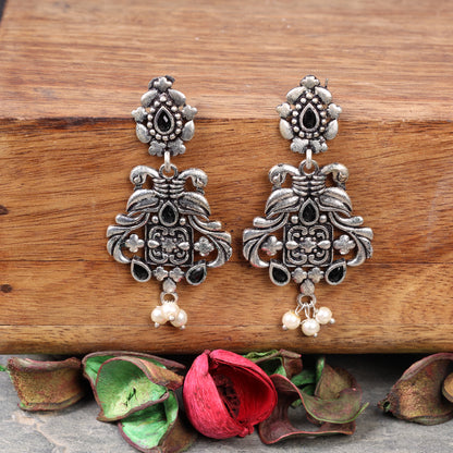 Black Stone Studded Oxidised Earrings With Hanging Pearls