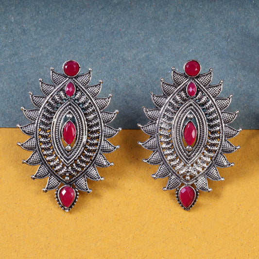 Red Stone Studded Oval Shaped Oxidised Earrings