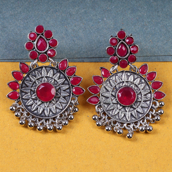 Red Stone Studded Oxidised Earrings