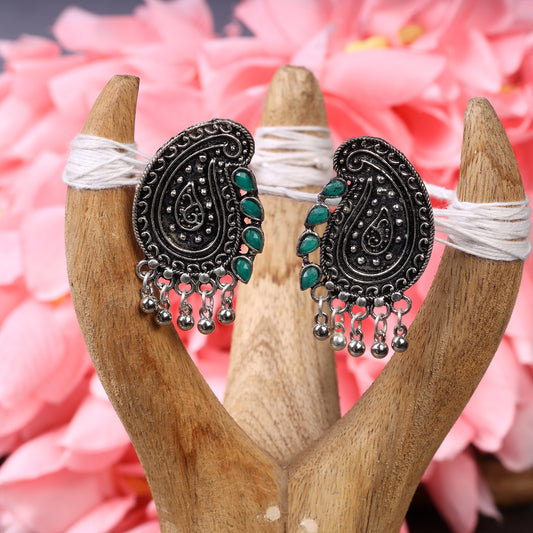 Green Stone Studded Oxidised Earrings