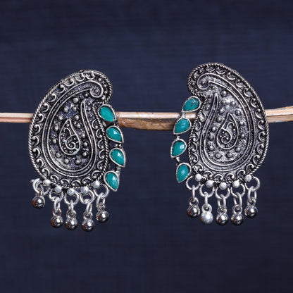 Green Stone Studded Oxidised Earrings