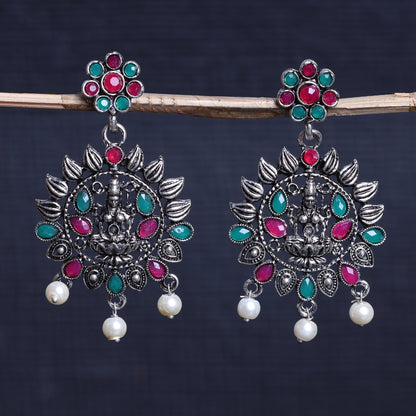 Multicolor Stone Studded Laxmi Motif Oxidised Earrings With Hanging Pearls