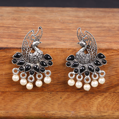 Black Stone Studded Peacock Earrings