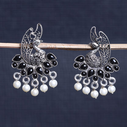 Black Stone Studded Peacock Earrings