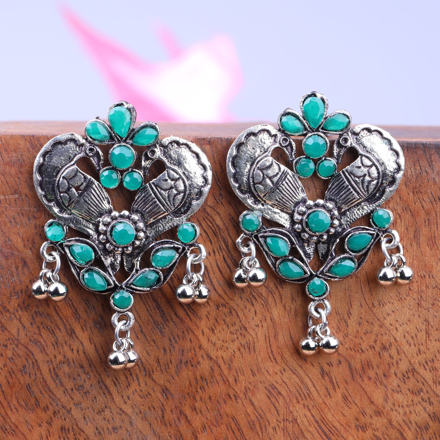 Green Stone Studded Double Peacock Oxidised Earrings