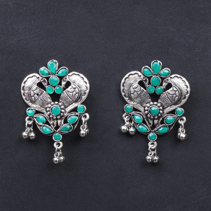 Green Stone Studded Double Peacock Oxidised Earrings