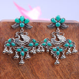 Green Stone Studded Peacock Motif Oxidised Earrings