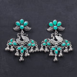 Green Stone Studded Peacock Motif Oxidised Earrings