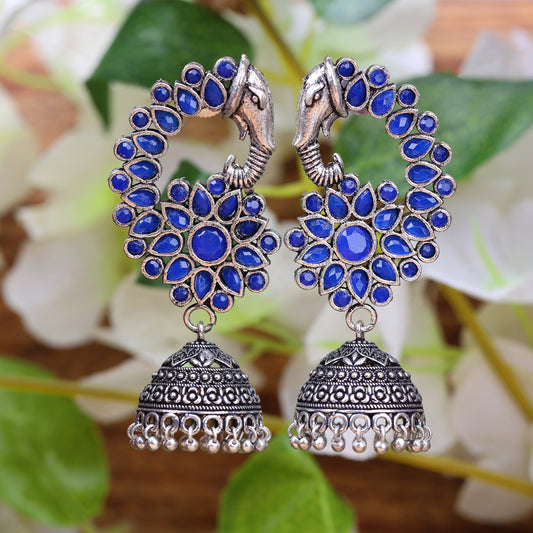 Blue Stone Studded Oxidised Earrings With Hanging Jhumki