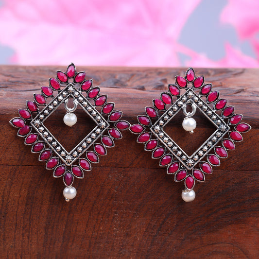 Red Stone Studded Square German Silver Earrings