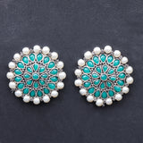 Green Stone Studded Round Oxidised Studs With Embellished Pearls