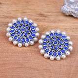 Blue Stone Studded Round Oxidised Studs With Embellished Pearls