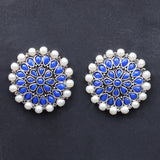 Blue Stone Studded Round Oxidised Studs With Embellished Pearls