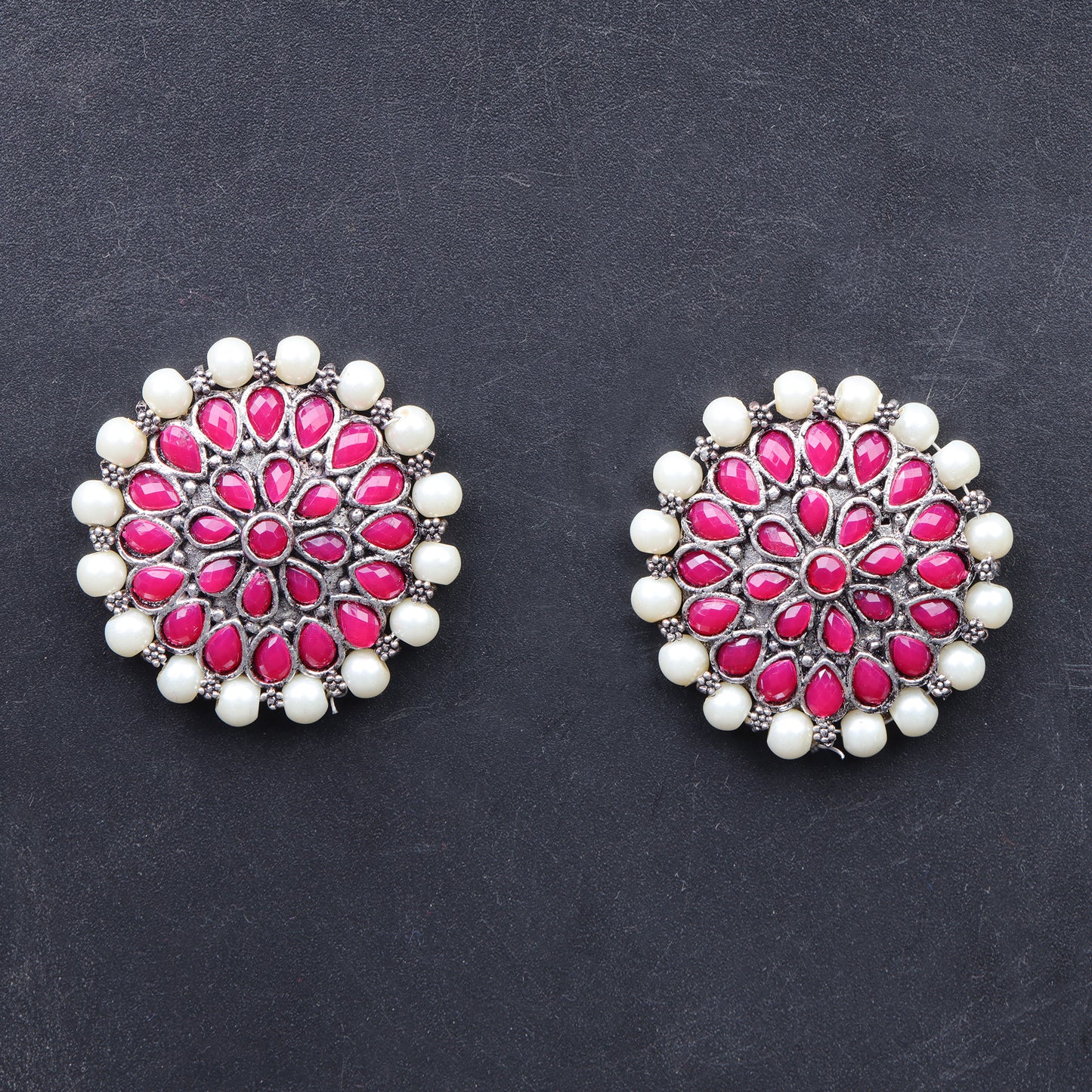 Red Stone Studded Round Oxidised Studs With Embellished Pearls