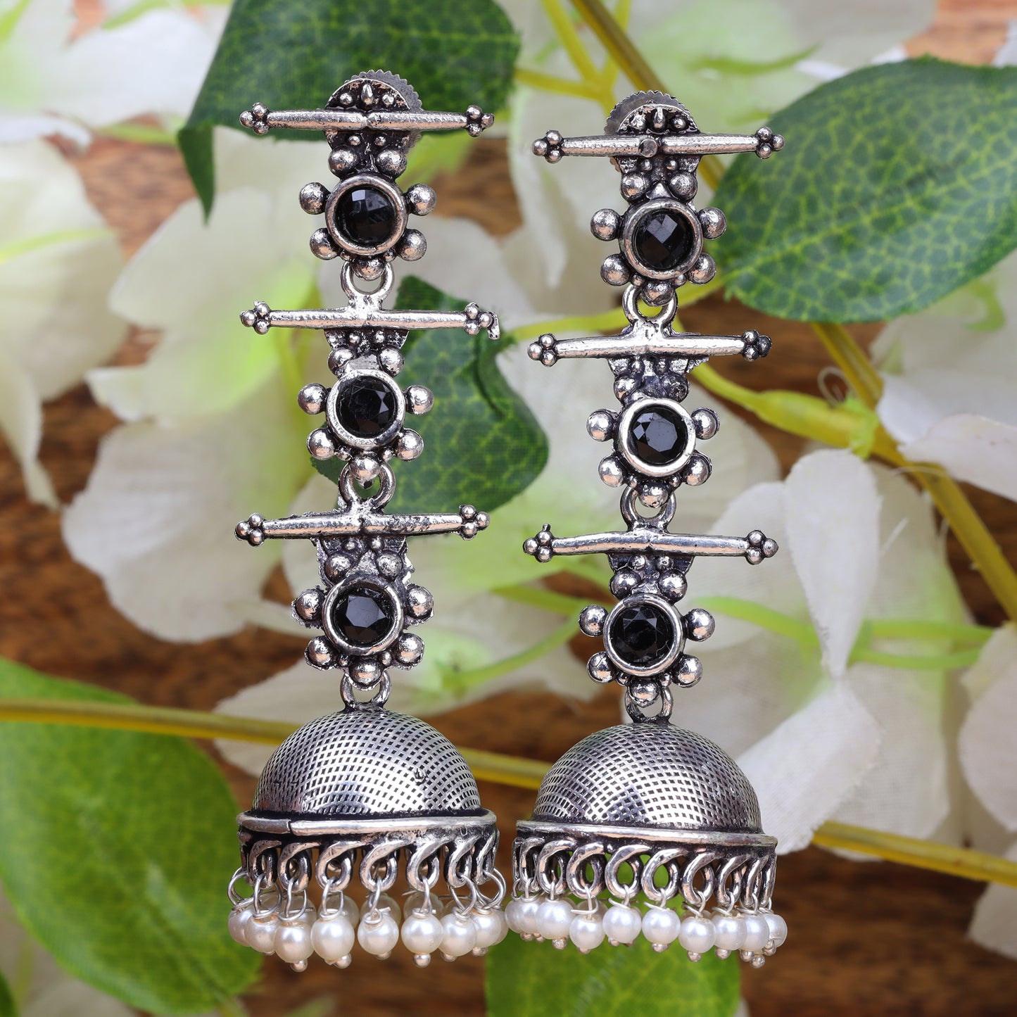 Black Stone Studded Triple Layered Jhumkas