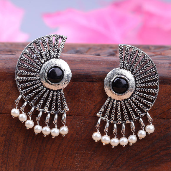 Black Stone studded Oxidised Earrings with hanging pearls  StylishKudi