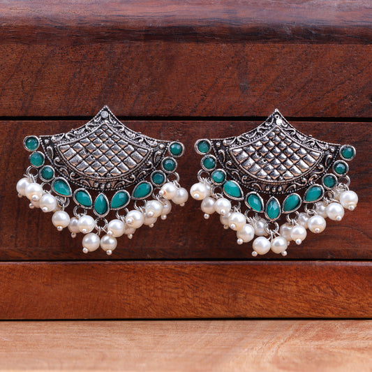 Green Stone Studded Lotus Petal Shaped Oxidised Earrings With Hanging Line Of Pearl