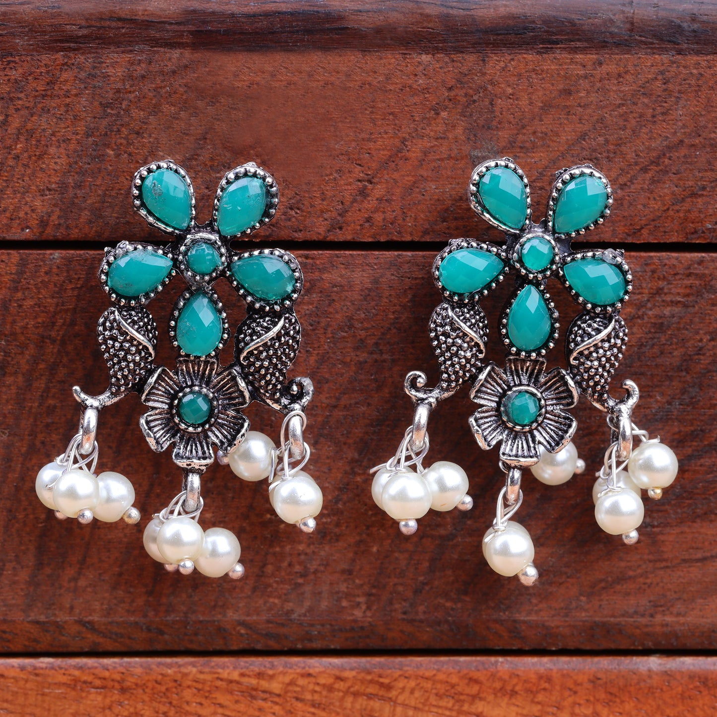 Green Stone Studded Oxidised Dangler With Hanging Jhumki Earrings