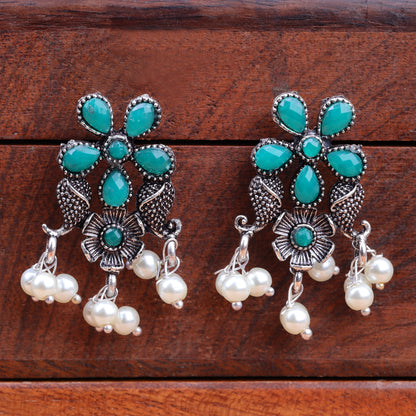 Green Stone Studded Oxidised Dangler With Hanging Jhumki Earrings