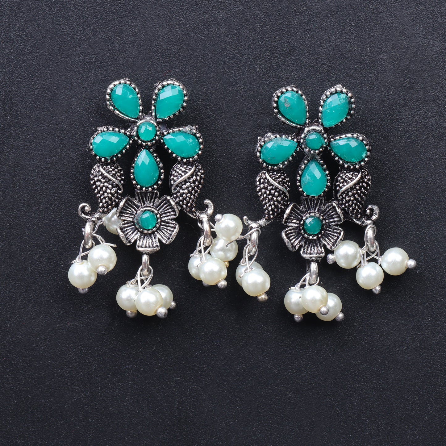 Green Stone Studded Oxidised Dangler With Hanging Jhumki Earrings