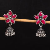 Red Stone Studded Oxidised Dangler With Hanging Jhumki Earrings