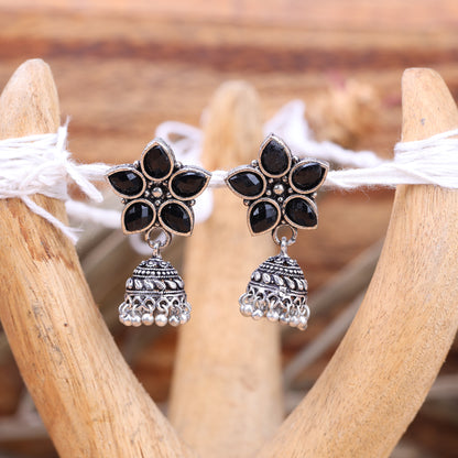 Black Stone Studded Oxidised Dangler With Hanging Jhumki Earrings