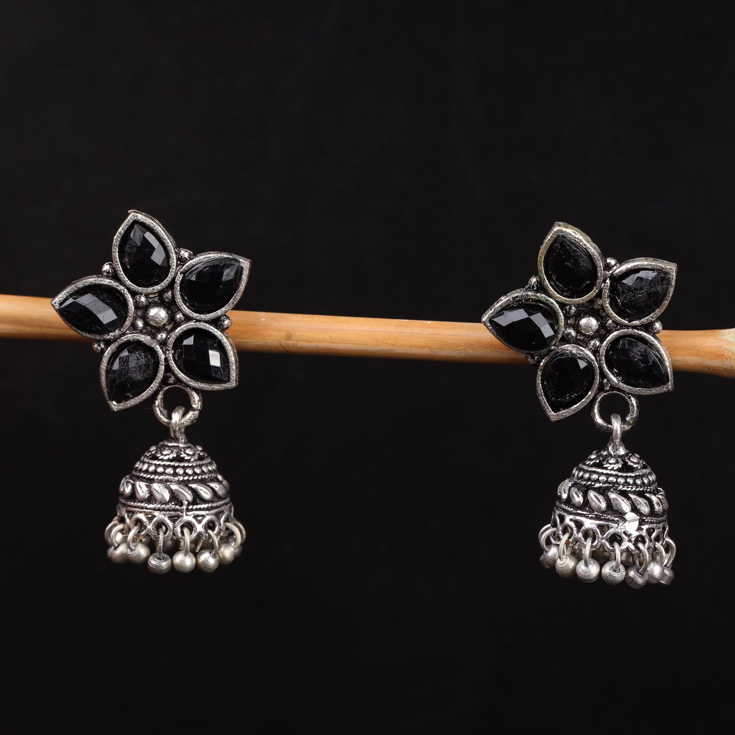 Black Stone Studded Oxidised Dangler With Hanging Jhumki Earrings