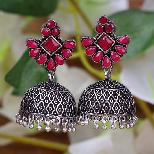 Red Stone Studded Hanging Brass Jhumki Danglers