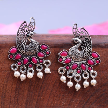 Red Stone Studded Peacock Earrings